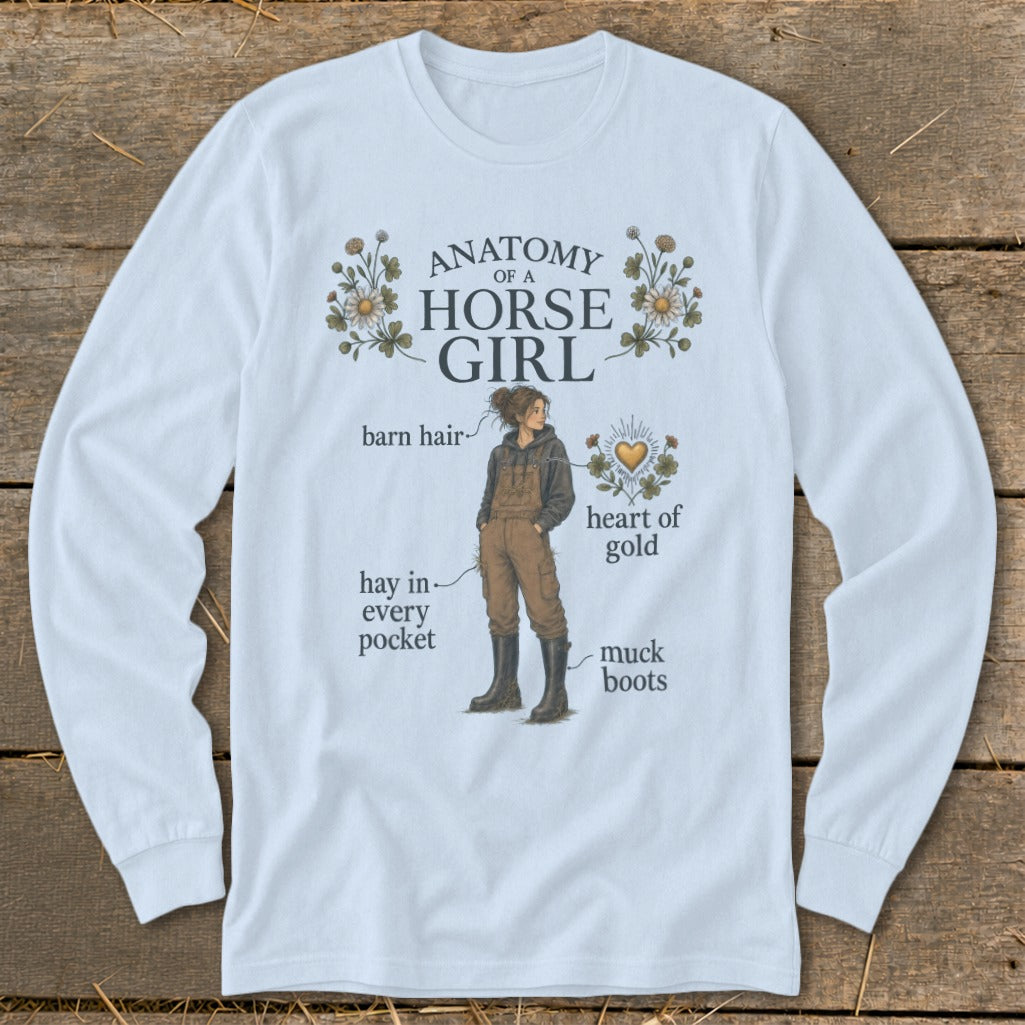 Light blue long-sleeve shirt with "Anatomy of a Horse Girl" graphic and illustrated elements.