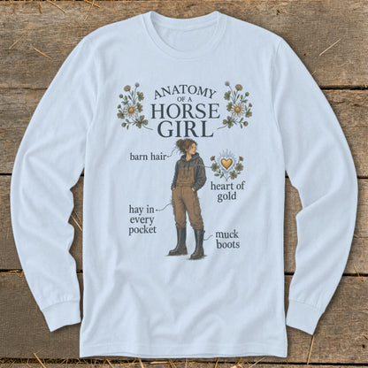 Light blue long-sleeve shirt with "Anatomy of a Horse Girl" graphic and illustrated elements.