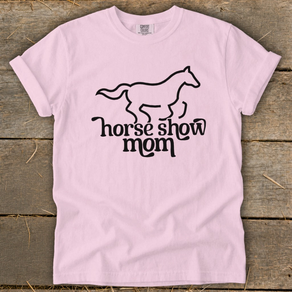 Pink t-shirt with black horse silhouette and text "horse show mom".