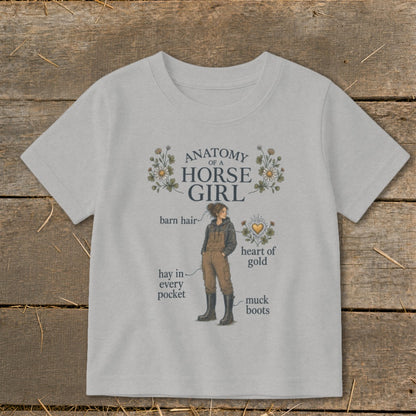 Gray t-shirt with "Anatomy of a Horse Girl" graphic featuring labeled elements.