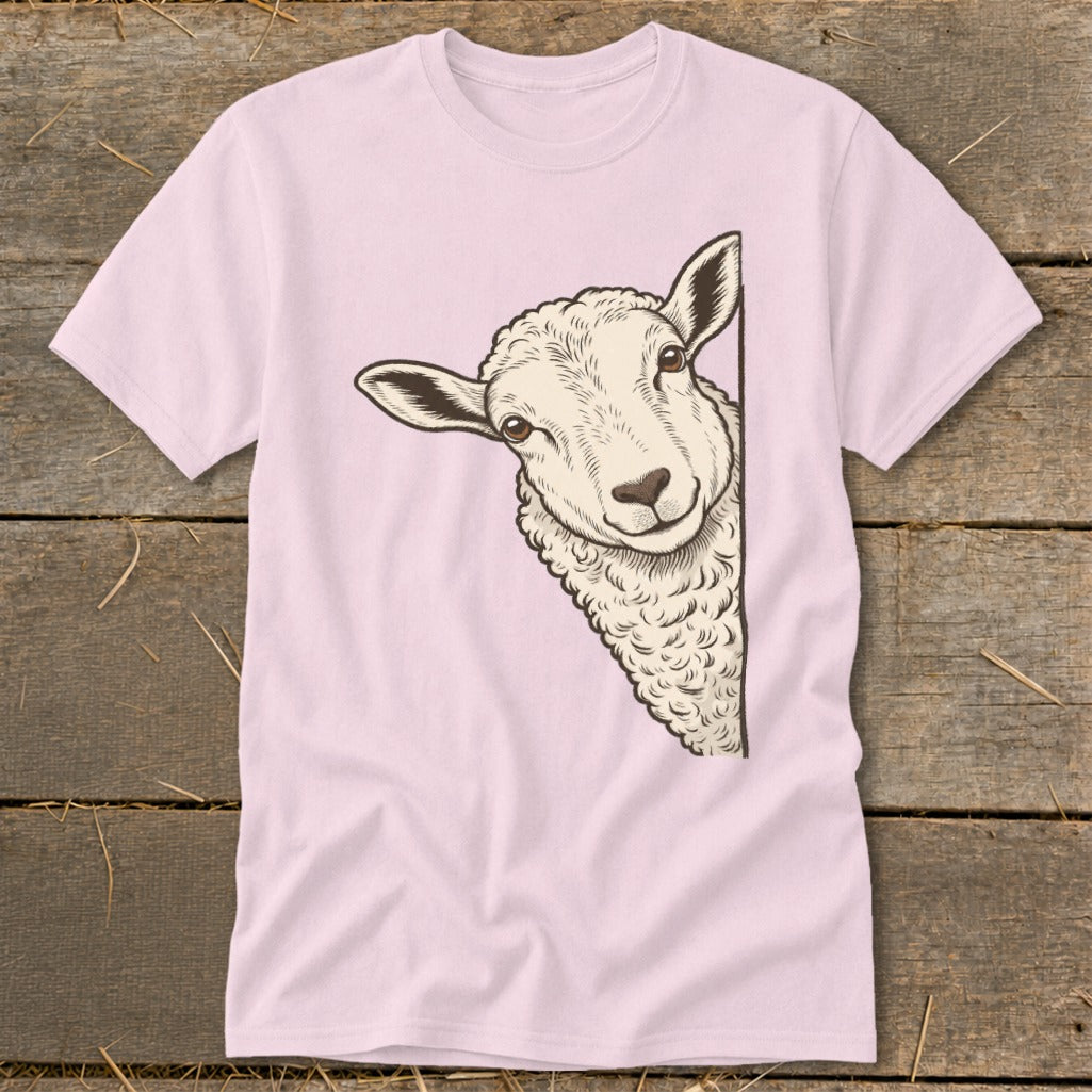 Pink t-shirt with a drawing of a sheep peeking from the right side.