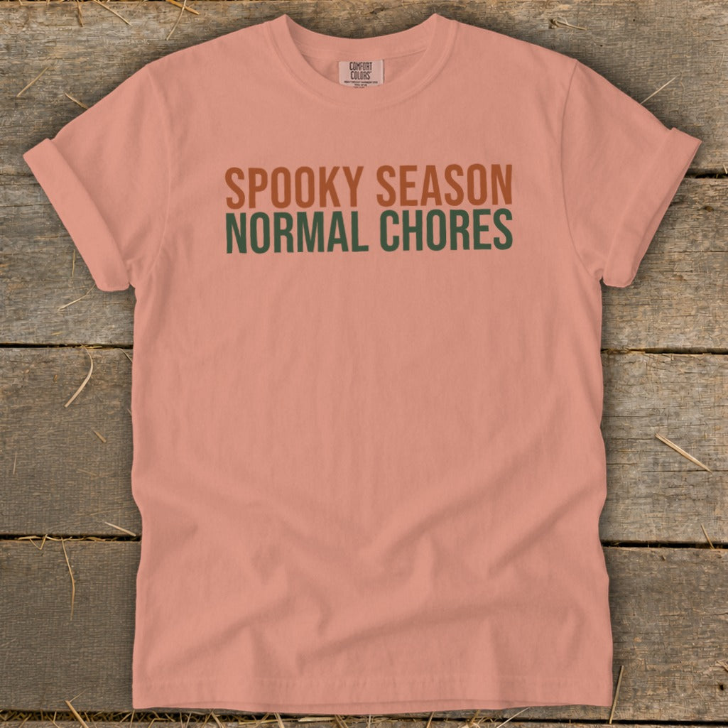 Peach t-shirt with "SPOOKY SEASON NORMAL CHORES" text in brown and green.