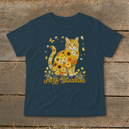 Cat made of sunflowers with butterflies and "Hello Sunshine" text.