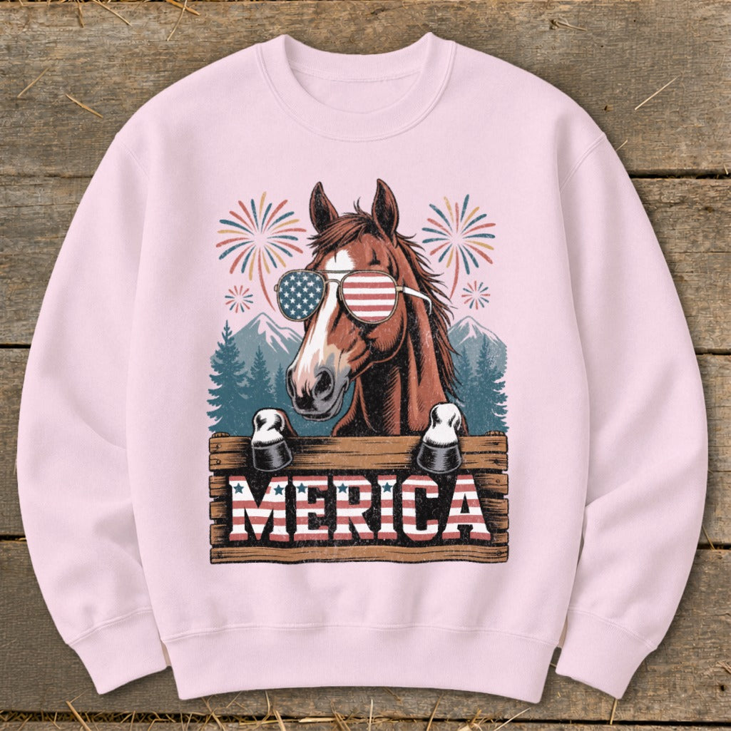 Horse wearing American flag sunglasses with "MERICA" sign and fireworks.