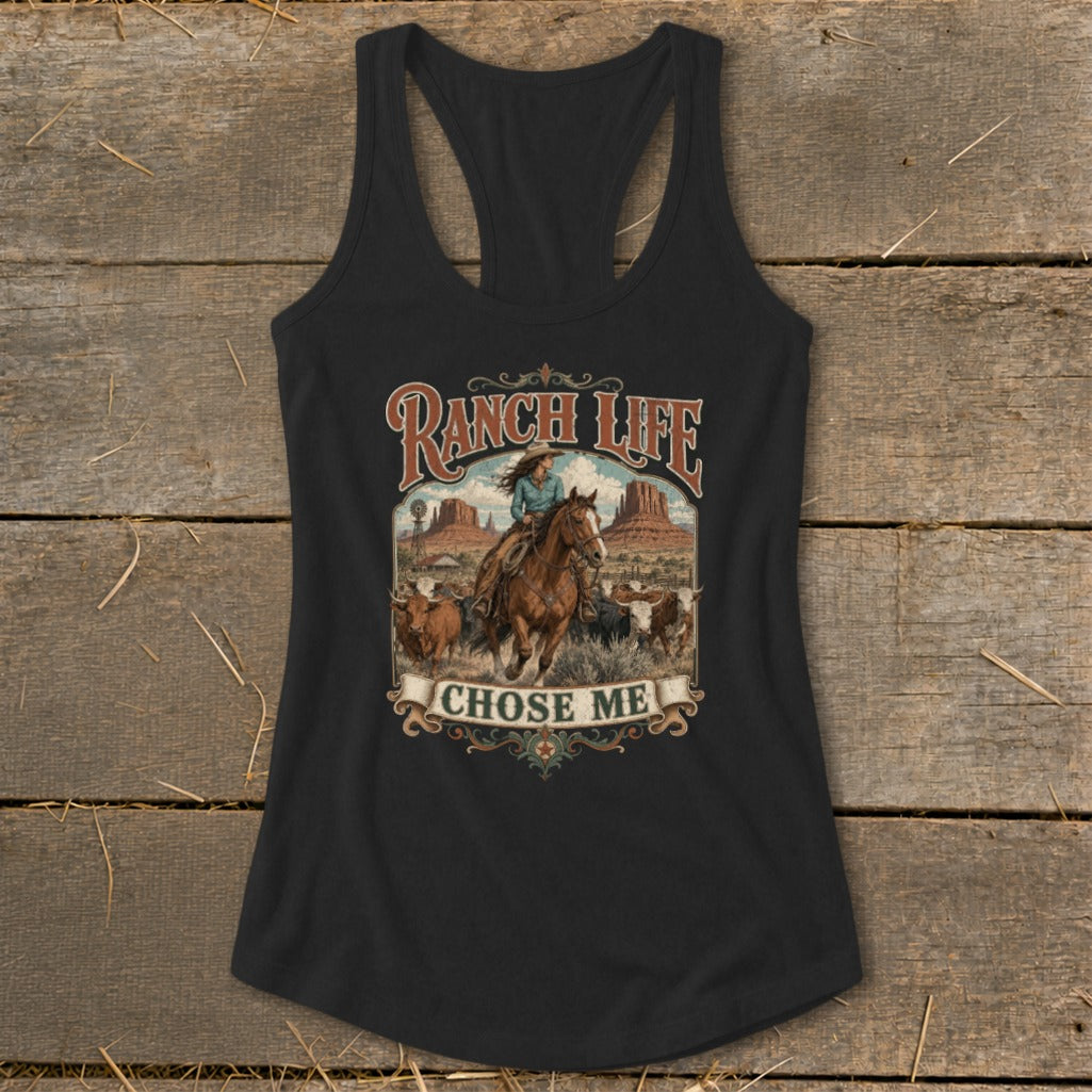 Black tank top with a graphic of a ranch scene, text "RANCH LIFE CHOSE ME".