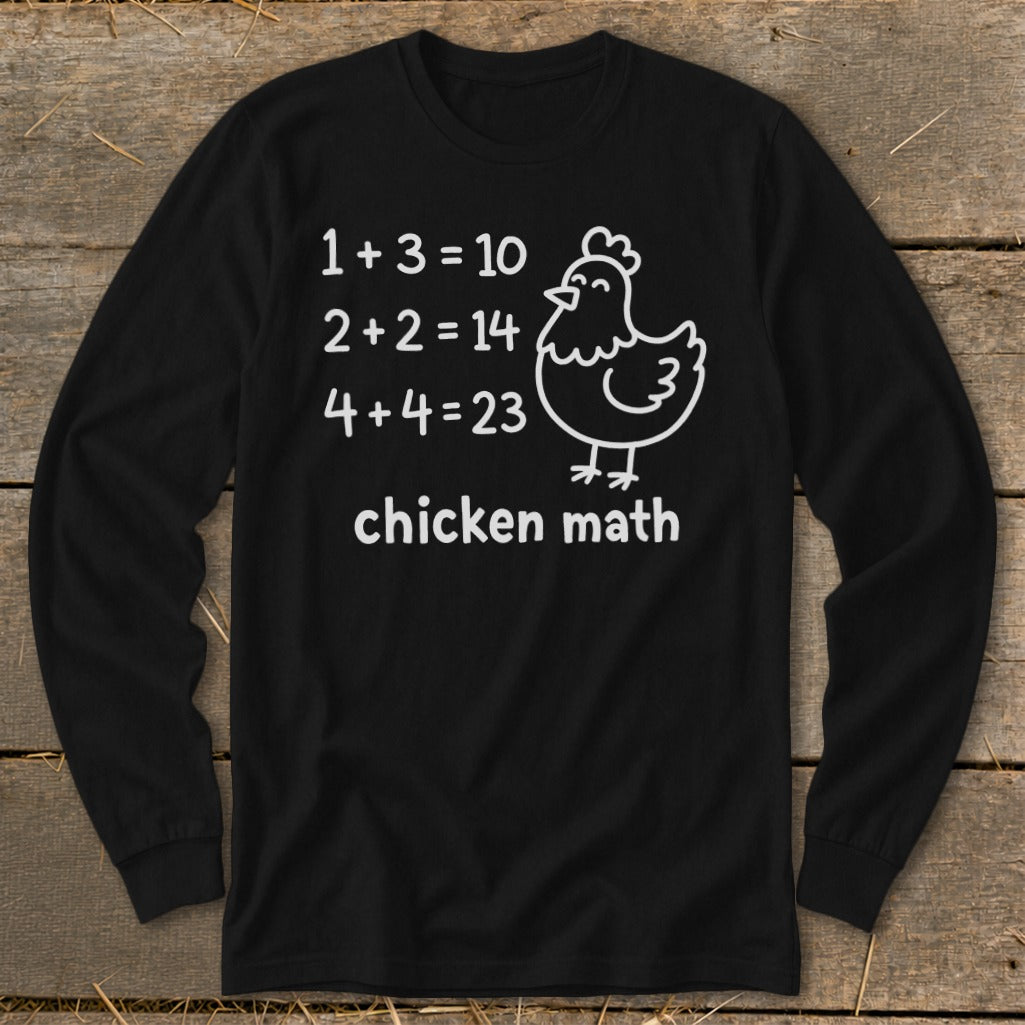 Black long-sleeve shirt with white text and chicken illustration: "chicken math".
