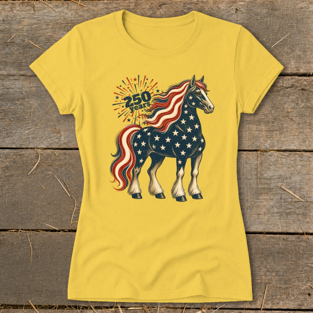 Yellow t-shirt with a patriotic horse graphic and "250 years" text.