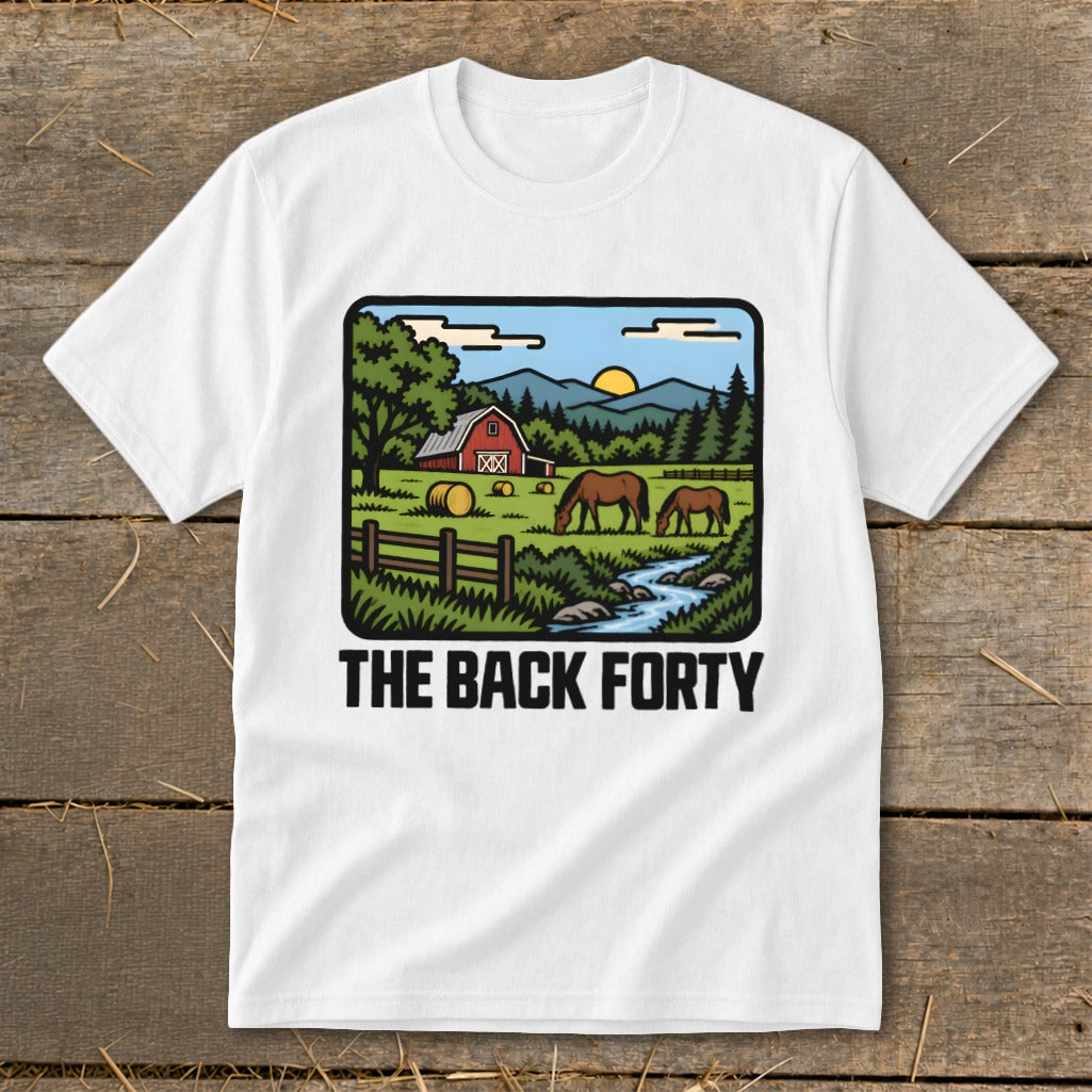 A white short-sleeved t-shirt features a colorful graphic of a farm scene with horses and the text THE BACK FORTY.