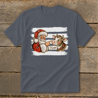 Santa boops a cow on the nose with the word "Boop" written between them.
