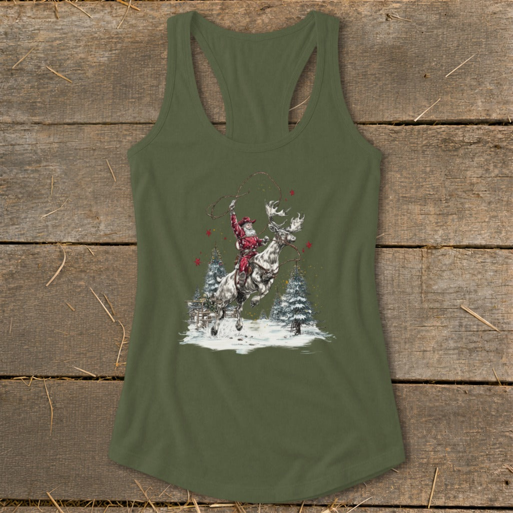Santa lassoing a moose in a snowy forest, on a green tank top.
