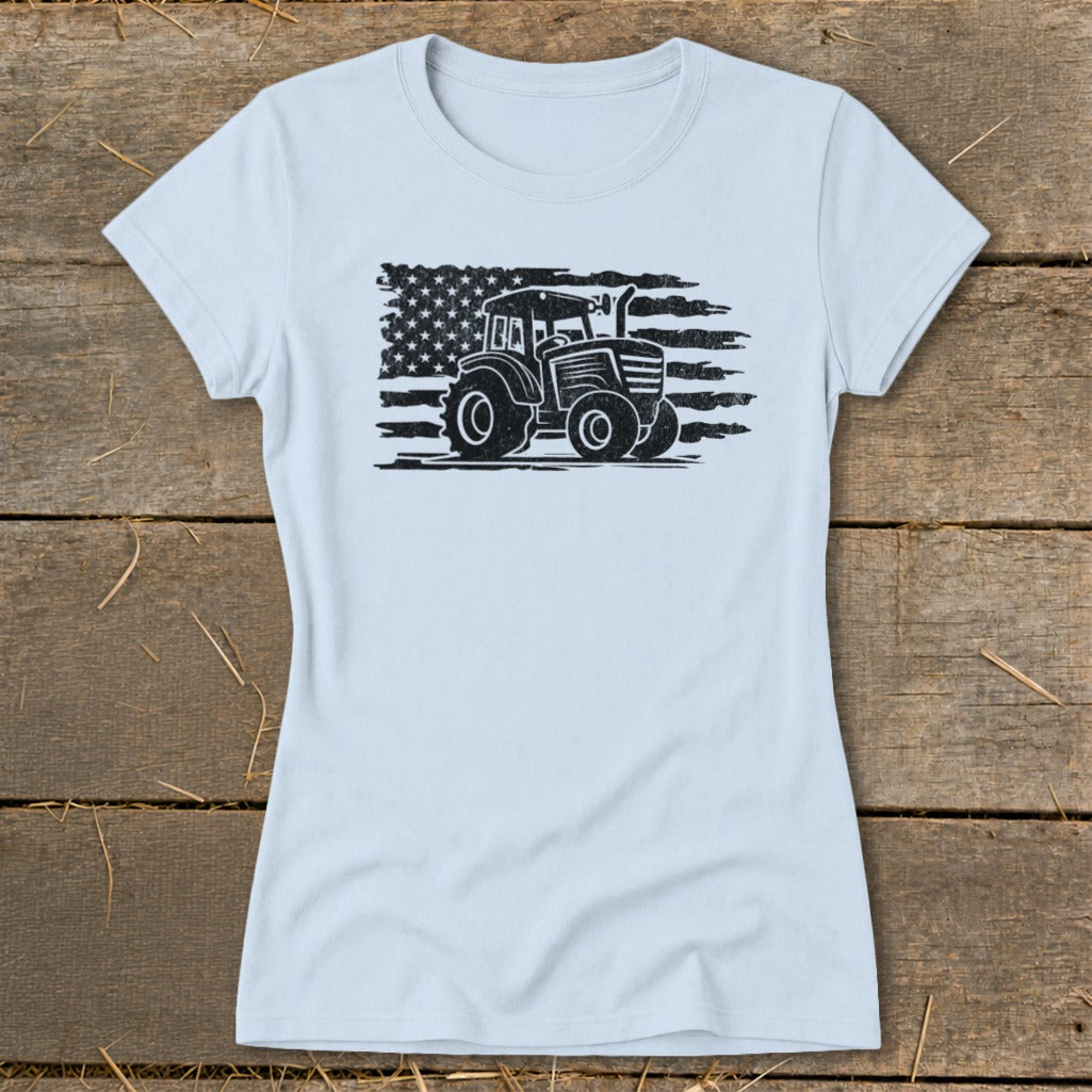 Light blue t-shirt with a distressed American flag and tractor graphic.