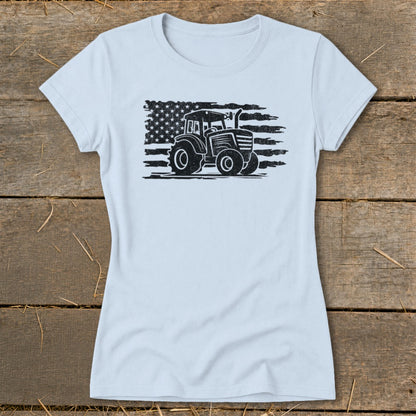 Light blue t-shirt with a distressed American flag and tractor graphic.