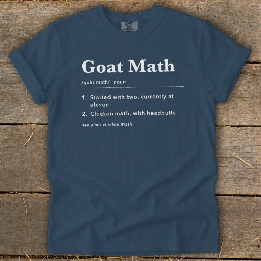 Navy blue t-shirt with "Goat Math" definition and Comfort Colors logo.
