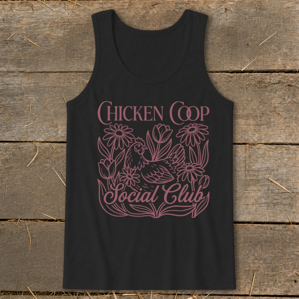 Black tank top with pink "Chicken Coop Social Club" text and chicken graphic.