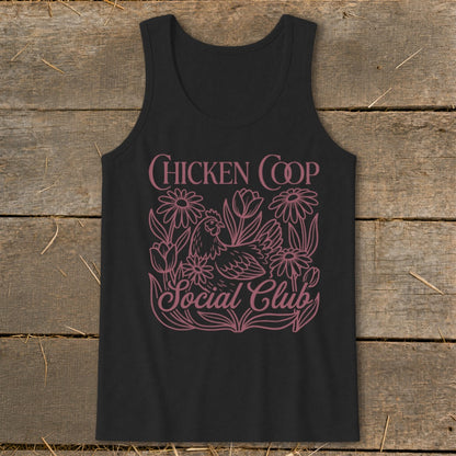 Black tank top with pink "Chicken Coop Social Club" text and chicken graphic.
