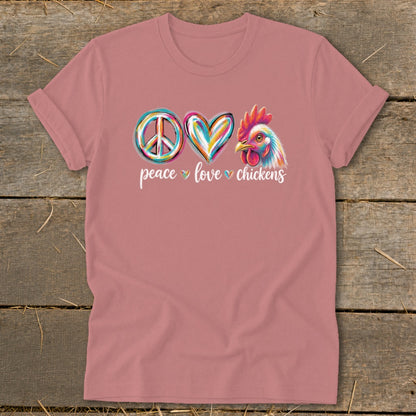 Pink t-shirt with peace, heart, and chicken graphic and "peace love chickens" text.