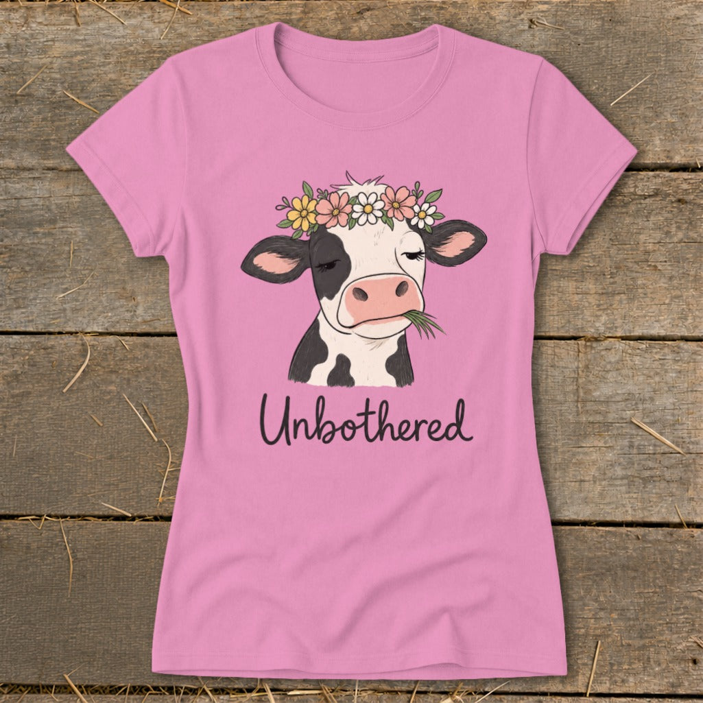Pink t-shirt with a cow wearing a flower crown and text "Unbothered".