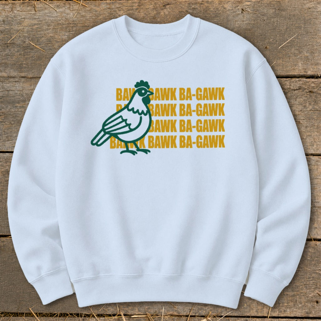 White sweatshirt with a green chicken graphic and "Bawk Ba-Gawk" text.