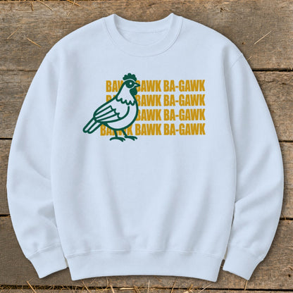 White sweatshirt with a green chicken graphic and "Bawk Ba-Gawk" text.