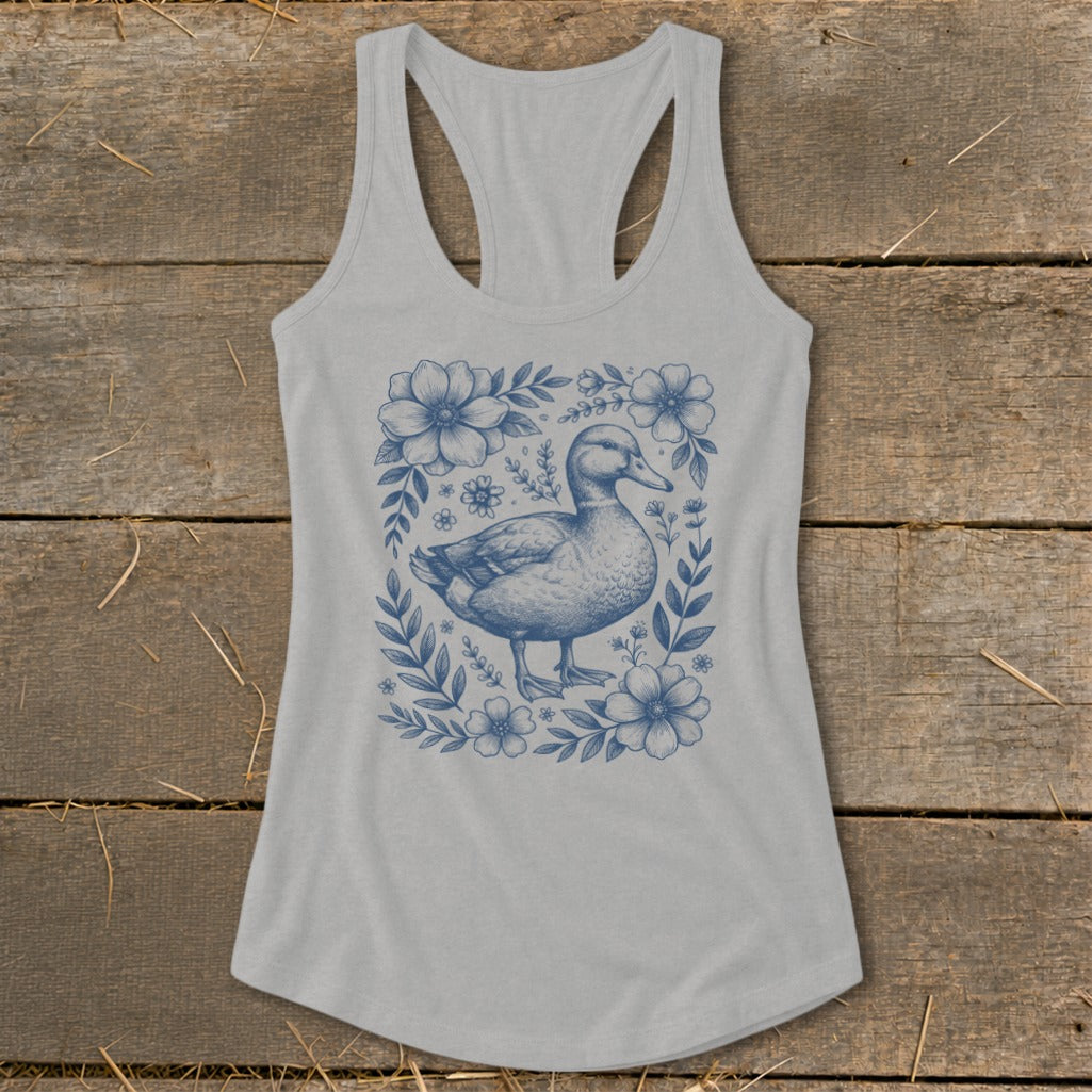 Light grey tank top with blue duck and floral print.