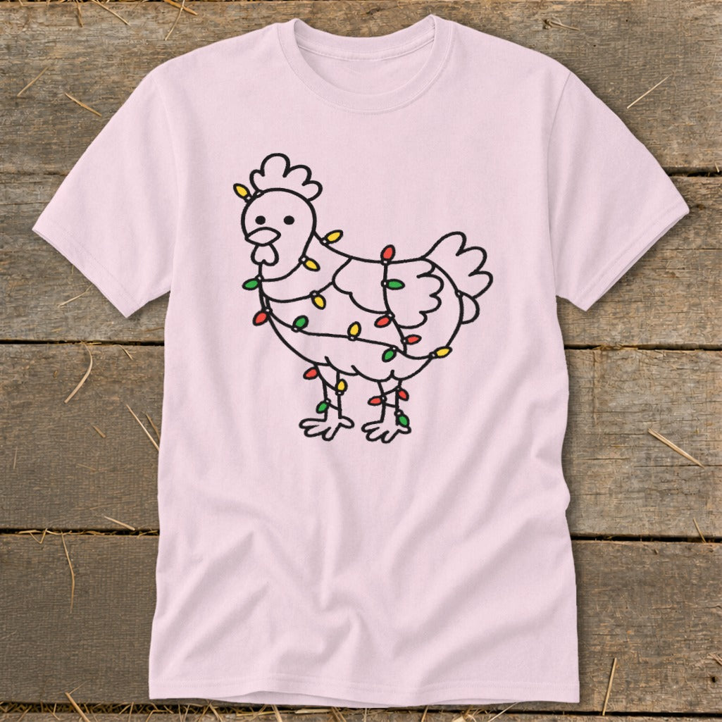 Light pink t-shirt with a black line drawing of a chicken wrapped in colorful Christmas lights.