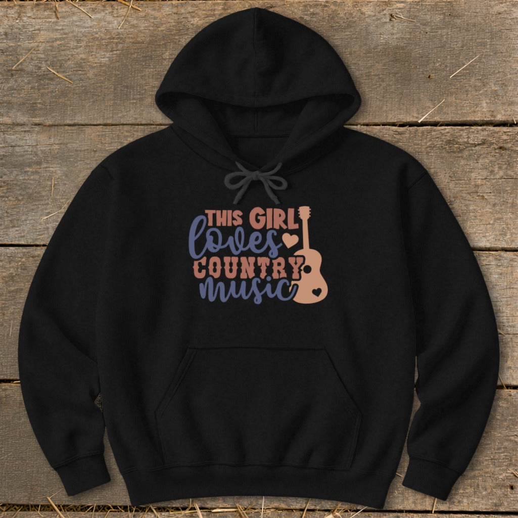 Black hoodie with "This girl loves country music" text and guitar graphic.