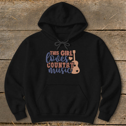Black hoodie with "This girl loves country music" text and guitar graphic.