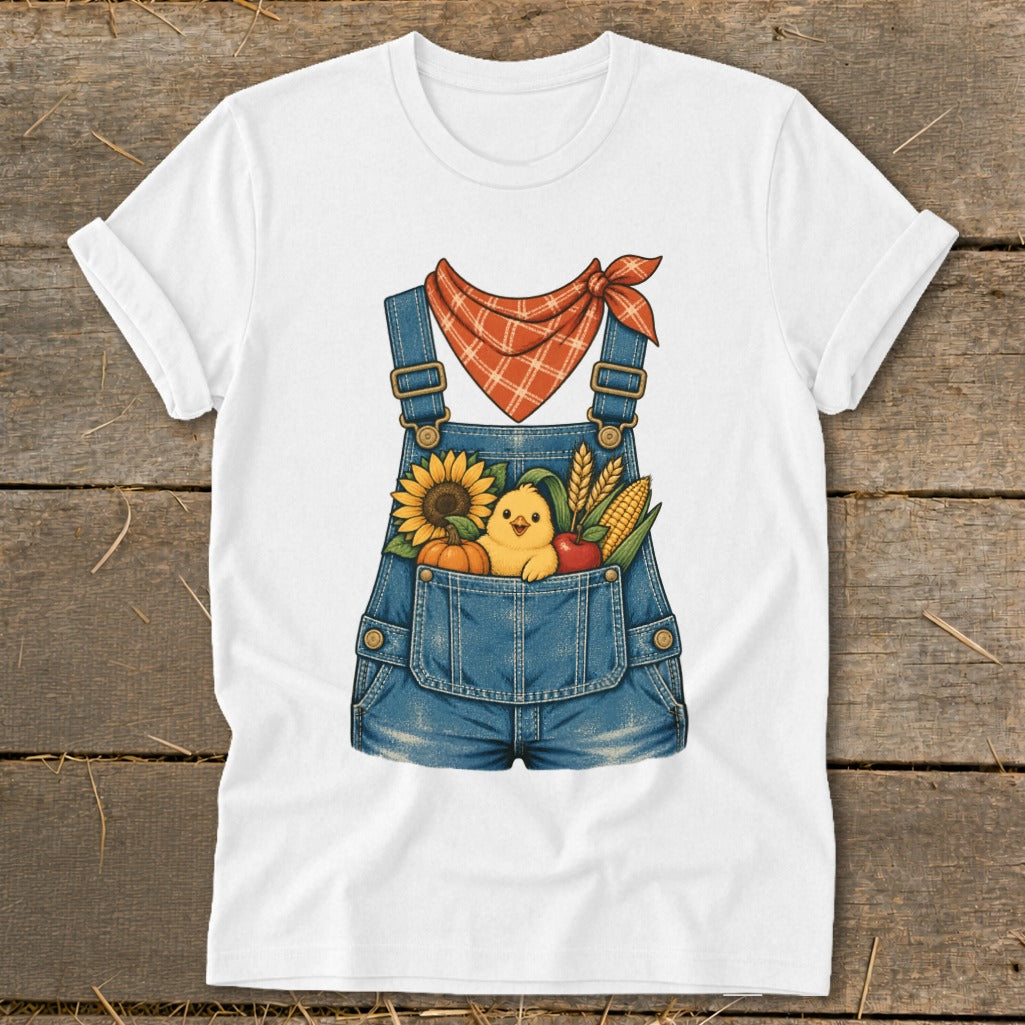 White t-shirt with a denim overalls graphic featuring a chick and autumn harvest items.