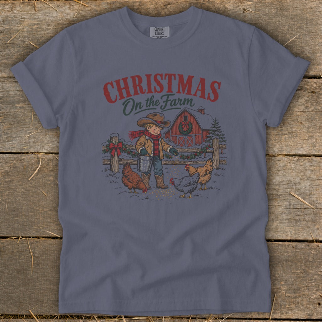 Christmas on the Farm graphic with a boy feeding chickens in front of a barn.