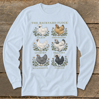 Light blue long-sleeve shirt with "The Backyard Flock" and illustrations of six chicken breeds.
