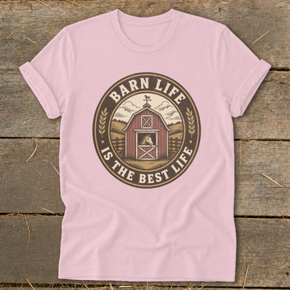 Pink t-shirt with circular graphic featuring a barn, horse, and text "Barn Life Is The Best Life".