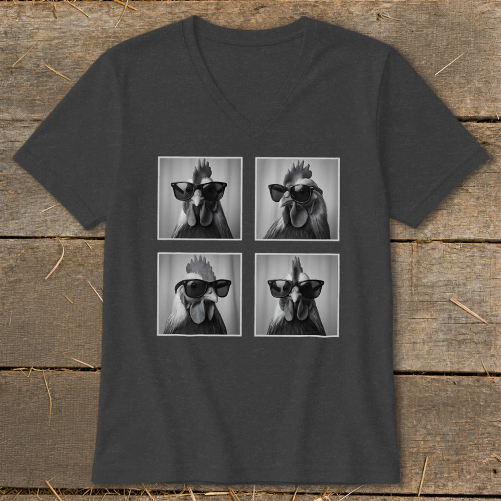 T-shirt with four black and white close-ups of roosters wearing sunglasses.