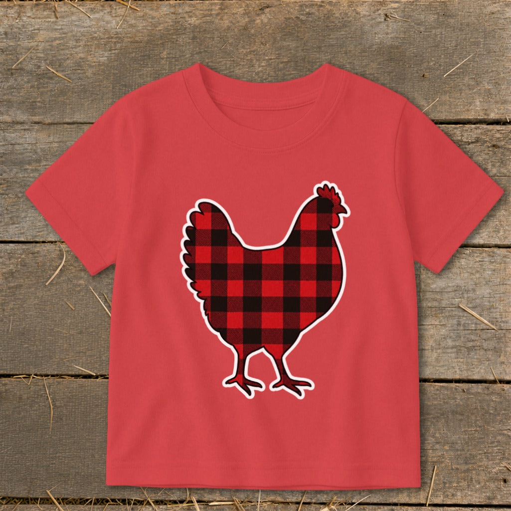 Red t-shirt featuring a buffalo plaid chicken graphic with white outline.