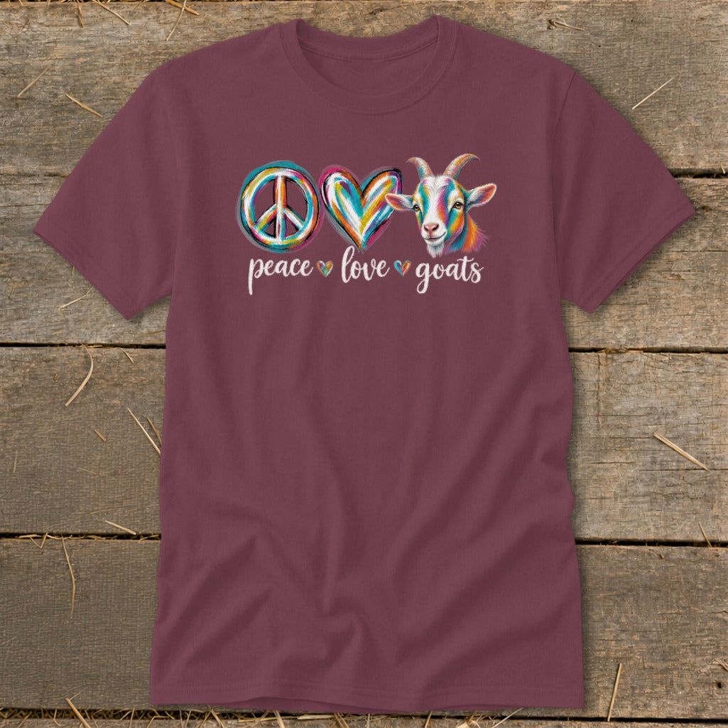 Maroon t-shirt with peace, love, and goats graphic design.