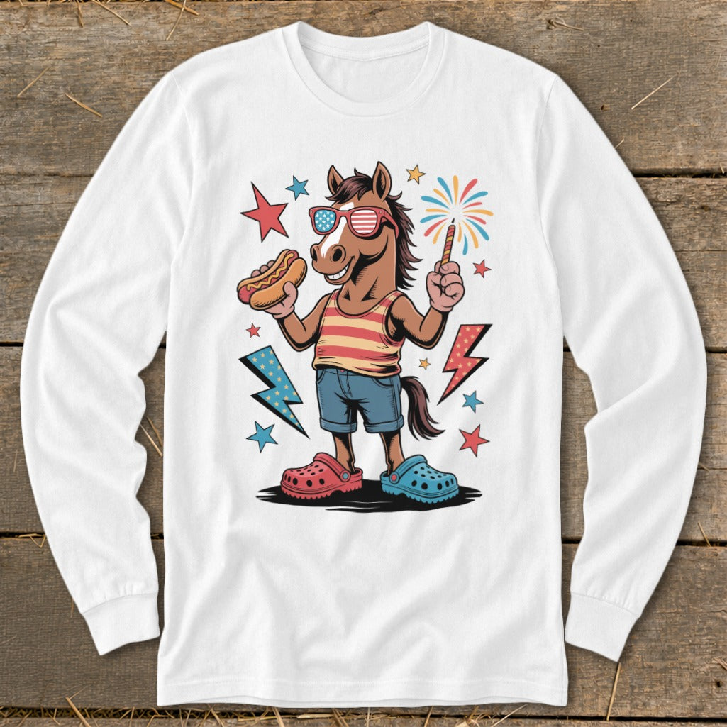 Horse wearing sunglasses, holding a hot dog and sparkler, with fireworks and lightning bolts.