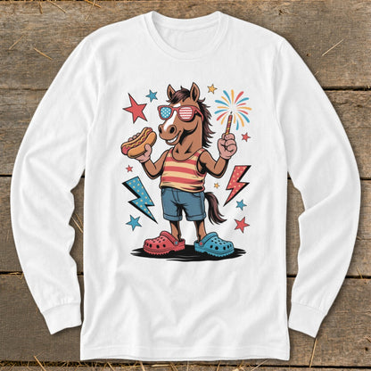 Horse wearing sunglasses, holding a hot dog and sparkler, with fireworks and lightning bolts.