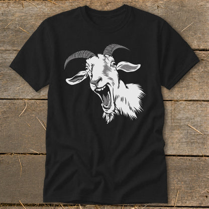 Black t-shirt with a white cartoon goat head with its mouth wide open.