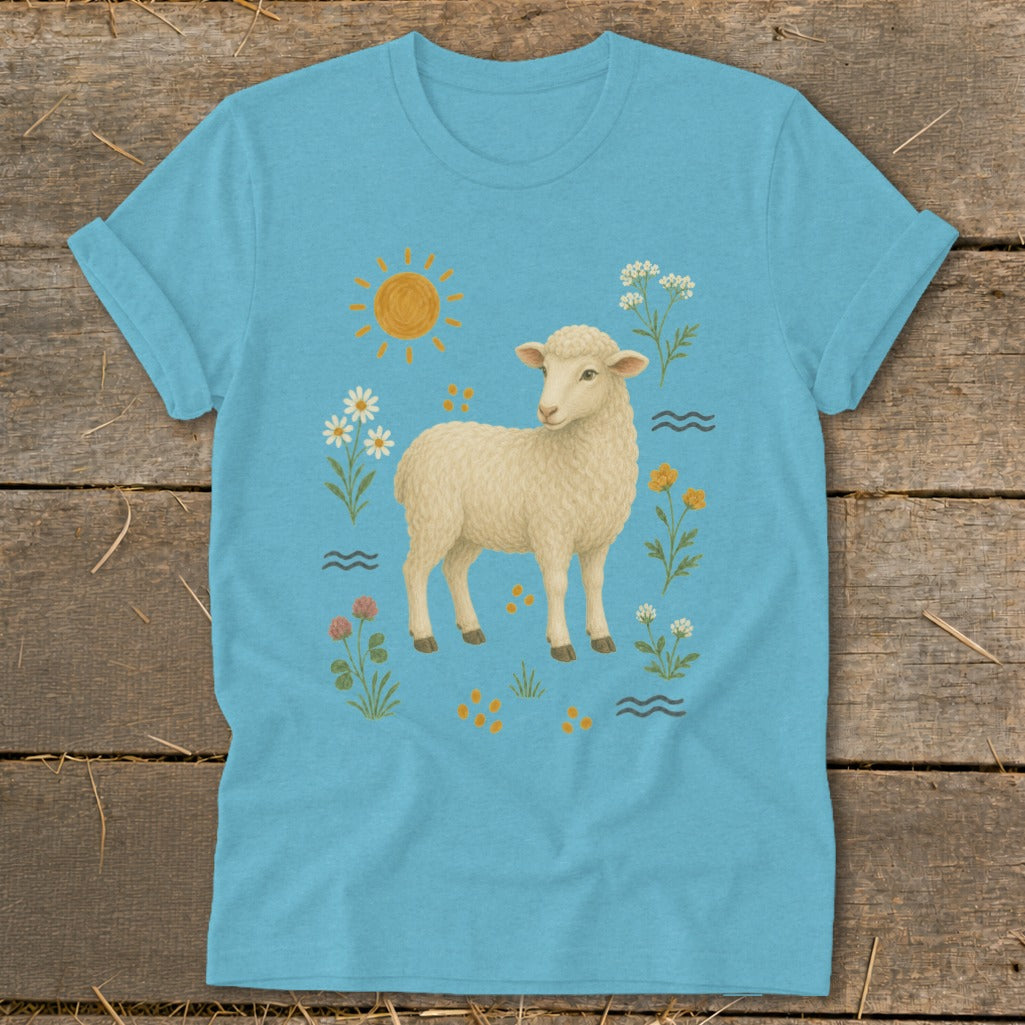 Light blue t-shirt with illustration of a lamb surrounded by flowers, sun, and wavy lines.