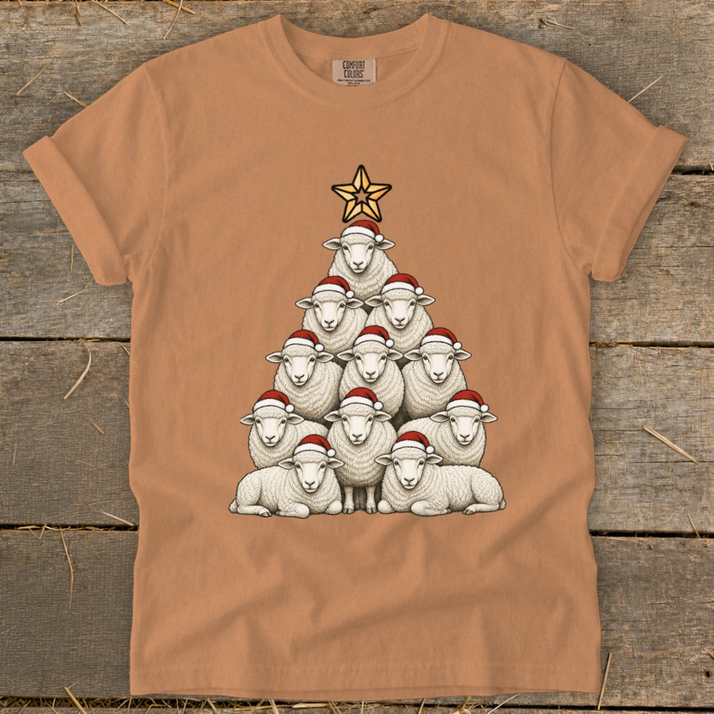Christmas tree made of sheep wearing Santa hats, topped with a star.