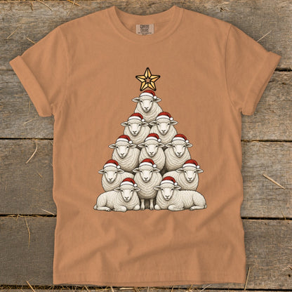 Christmas tree made of sheep wearing Santa hats, topped with a star.
