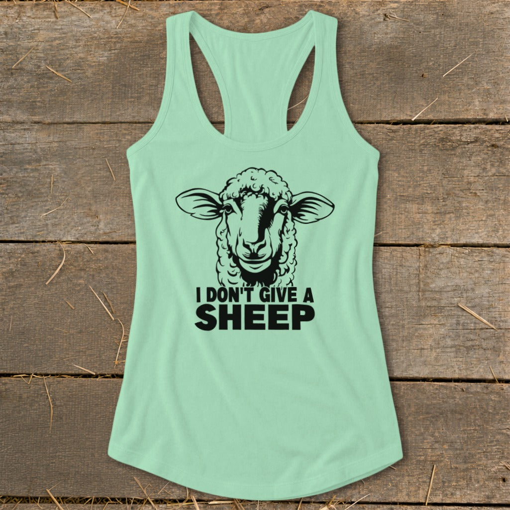 Mint green tank top with a black sheep graphic and text reading "I DON'T GIVE A SHEEP."