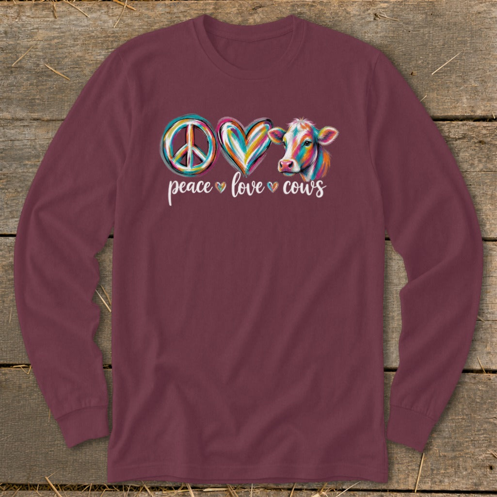 Long sleeve maroon shirt with peace sign, heart, and cow graphic.
