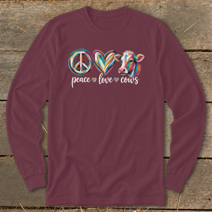 Long sleeve maroon shirt with peace sign, heart, and cow graphic.