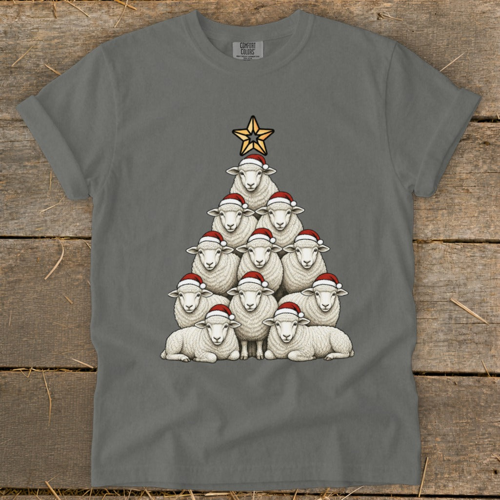 Christmas tree made of sheep wearing Santa hats with a star on top.