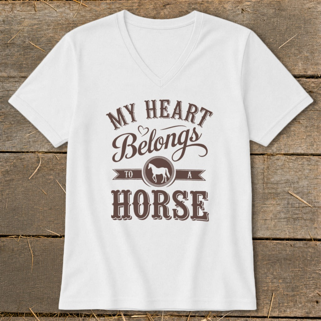 White v-neck t-shirt with brown text "MY HEART Belongs TO A HORSE" and horse graphic.
