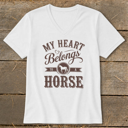 White v-neck t-shirt with brown text "MY HEART Belongs TO A HORSE" and horse graphic.