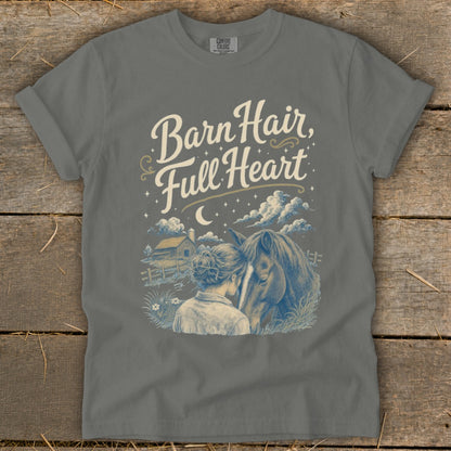 Barn Hair, Full Heart graphic t-shirt with a girl and horse illustration.