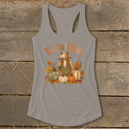 Horse with glasses and pumpkins, reads "It's Fall Y'all."