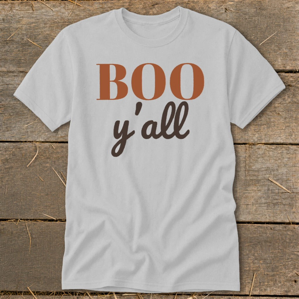 White t-shirt with "BOO y'all" text in brown and burnt orange lettering.