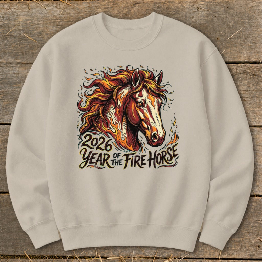 Crewneck sweatshirt with 2026 Year of the Fire Horse graphic on beige background.